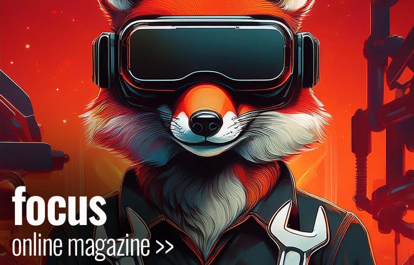 Focus magazine cover animated fox stands with goggles on and holding wrenches