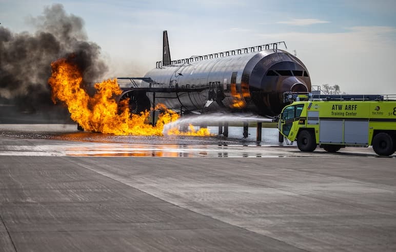 FVTC ARFF Training Center training airplane on fire with striker truck spraying water