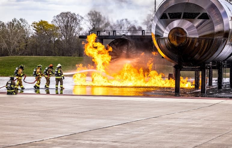 FVTC ARFF Training Center training airplane on fire with firefighters spraying water